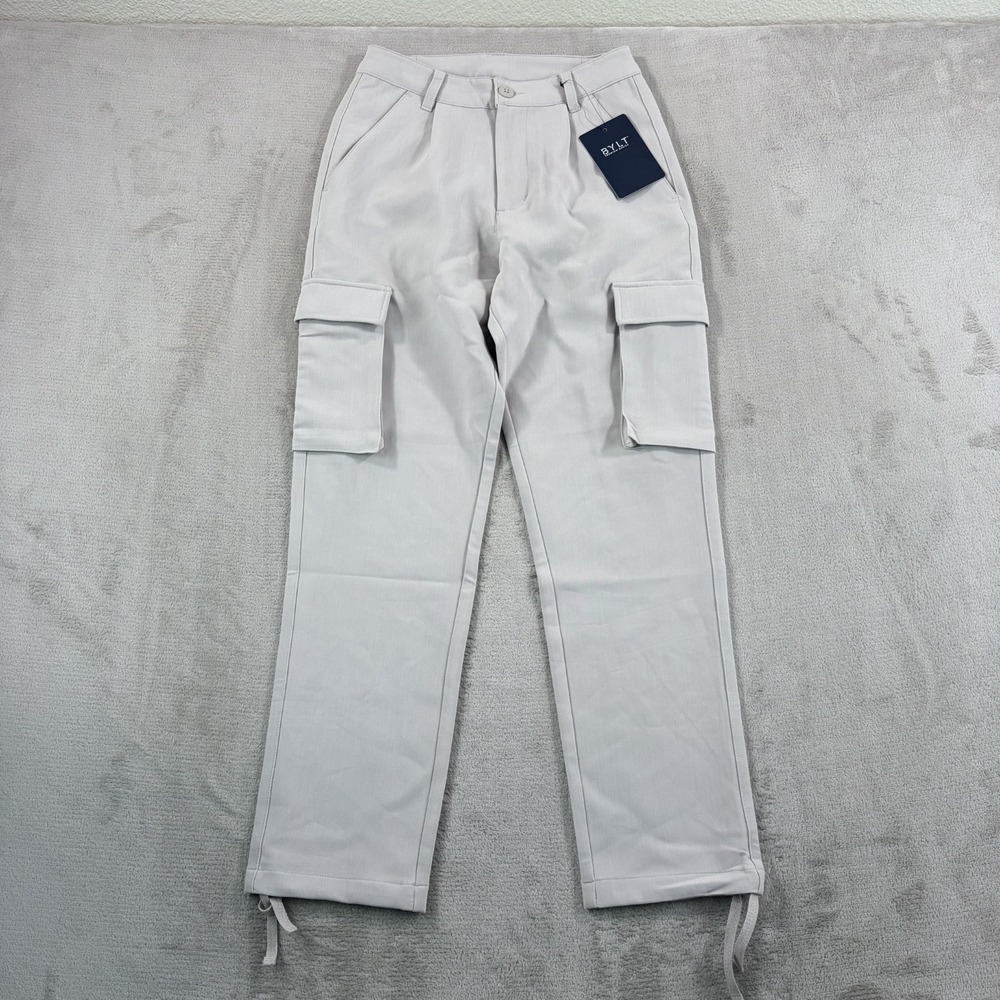 BYLT Midtown Straight Leg Cargo Pants in Dove Women XS Utility Drawcord NWT $90
